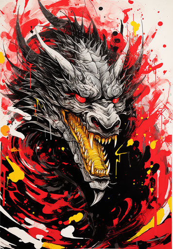 Black and red painted dragon in precisionist style