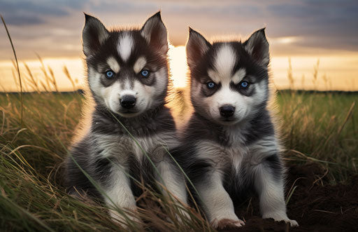 Two husky puppies sitting in a garden