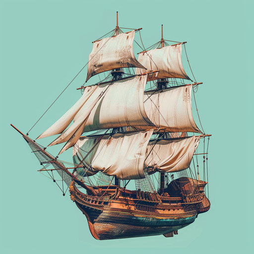 Realistic pirate ship clipart with flat teal background