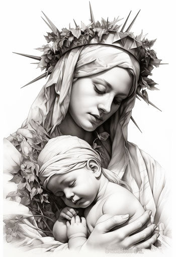 Black and white drawing of a person with crown of thorns