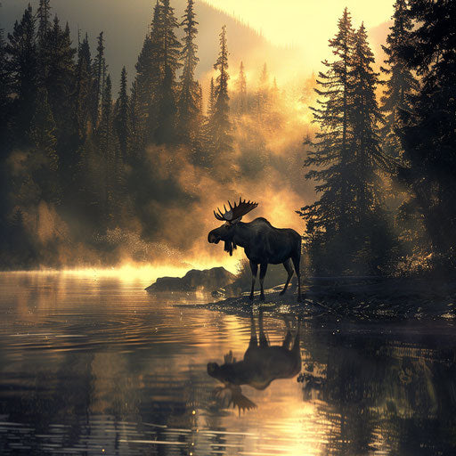 A majestic moose by a misty lake at dawn