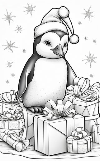 Penguin with presents coloring page