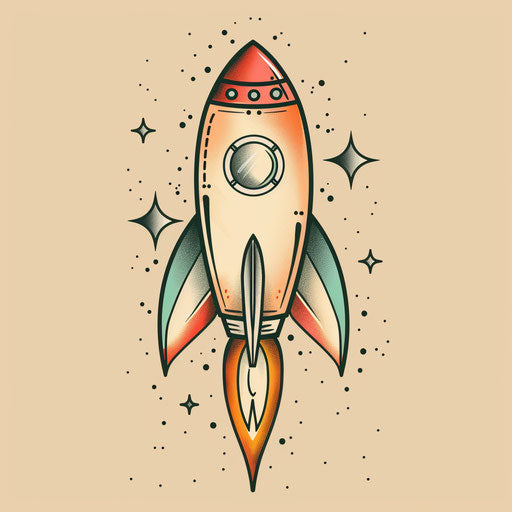 Elegant flat tattoo sketch of a classic rocket, soft pastel hues, clipart style