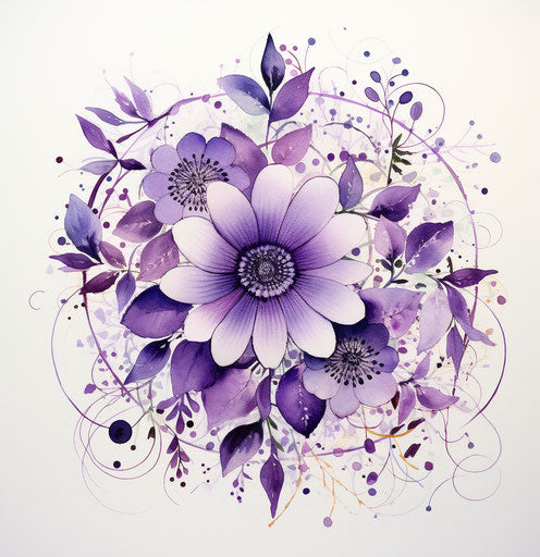Elegant violet mandala with flowers and leaves on white