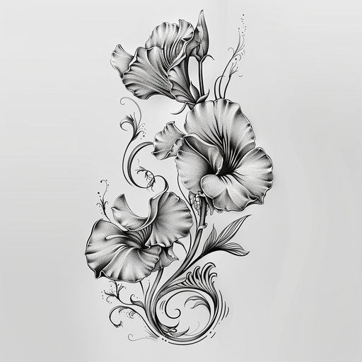 Sophisticated sketch of a sweet pea in clipart style with lace detailing and elegant grayscale tones