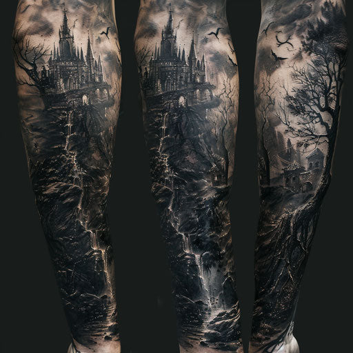 Surreal landscapes sleeve tattoo in J.P. Targete style