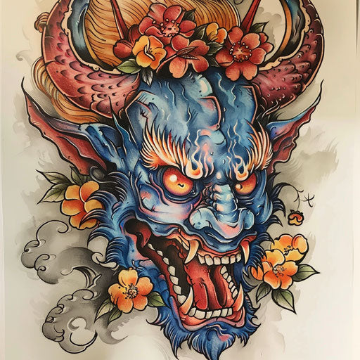 Japanese demon tattoo, rich in color on white canvas