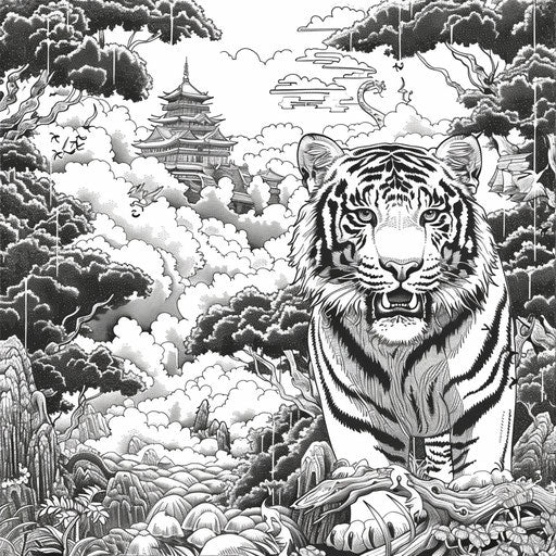 Mystical tiger in a fantasy landscape with magical creatures