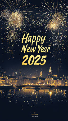 New Year greeting card with 3D golden text and fireworks