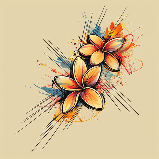 Playful flat tattoo sketch of plumeria with abstract splashes of color