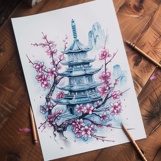 Chinese pagoda surrounded by cherry blossoms, tattoo art in pastel colors, on white matte paper
