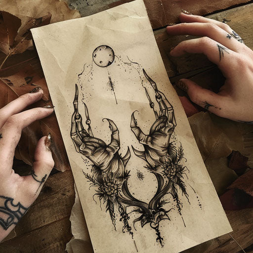 Artistic flat tattoo sketch of a pair of witch's hands conjuring a spell