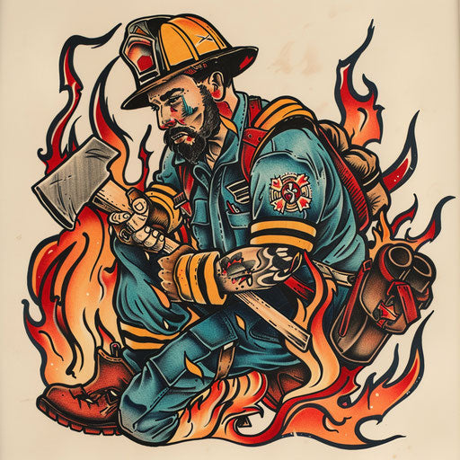 Firefighter in flat tattoo style with axe and classic hues