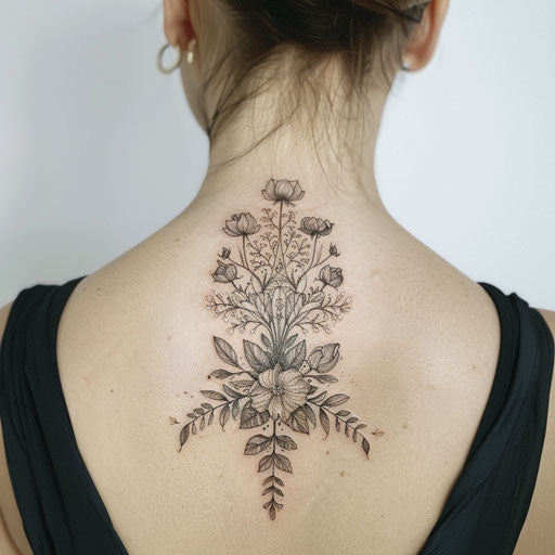 Botanical back neck tattoo, Merian style