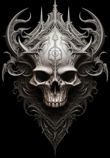 Silver demon skull with horn, pencil work style, parodic