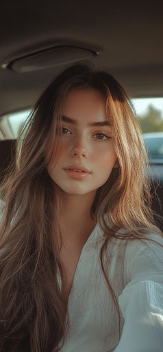 Beautiful girl with long white hair, sitting in a car