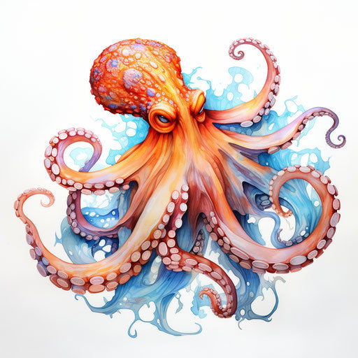 Watercolor octopus painting on white background, polychrome style