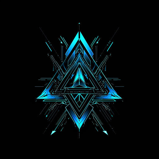 Graphic design logo with futuristic elements, neon blue and black colors, and sharp lines