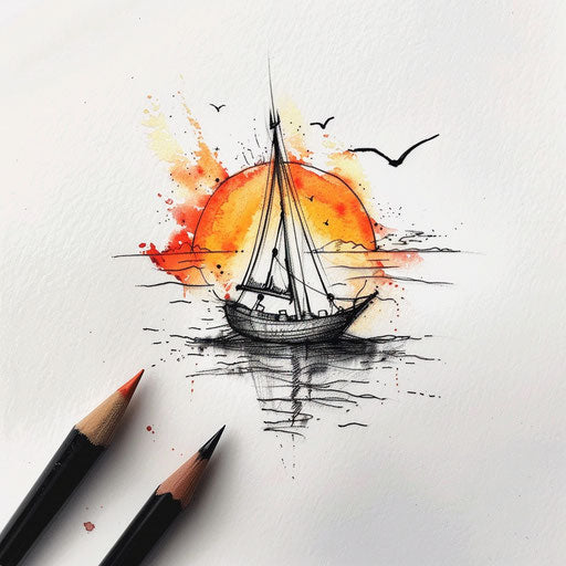 Elegant flat tattoo sketch with watercolor effects of a boat under a serene sunset