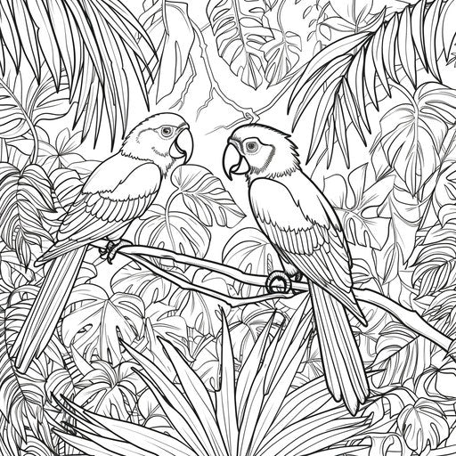 Tropical jungle with parrots and toucans among lush foliage