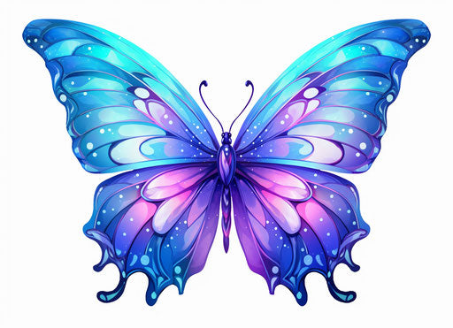 Blue butterfly with wings on white background, dark purple and pink style