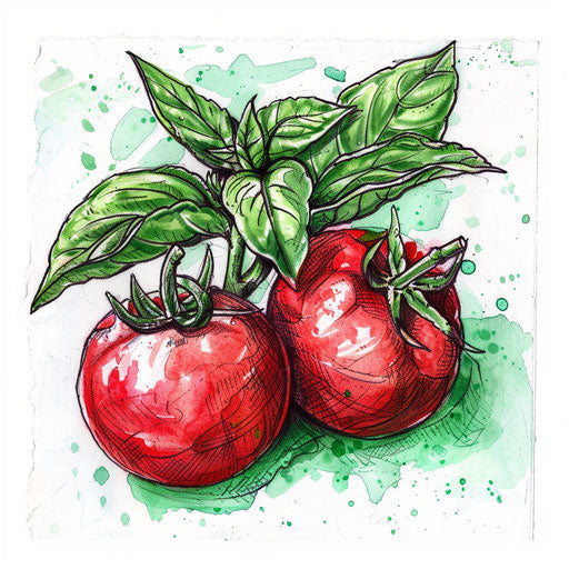 Italian tomato and basil tattoo, vibrant colors on white