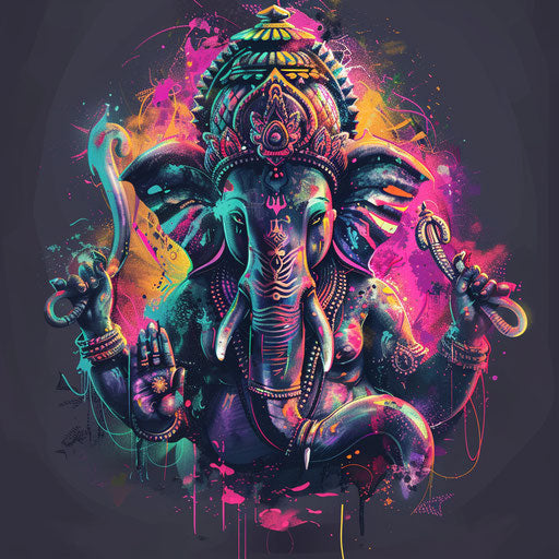 Vibrant tattoo design of Ganesha in clipart style with neon colors and crisp lines