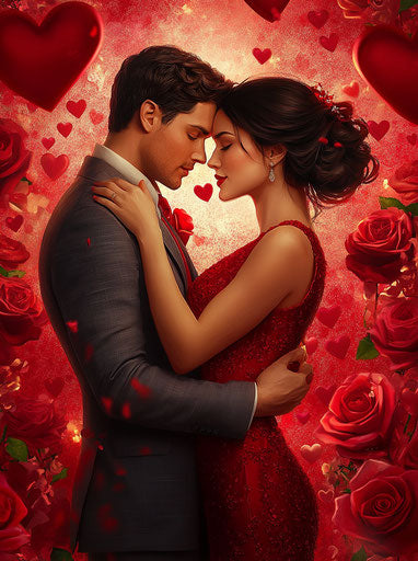 Romantic embrace among heart-shaped roses