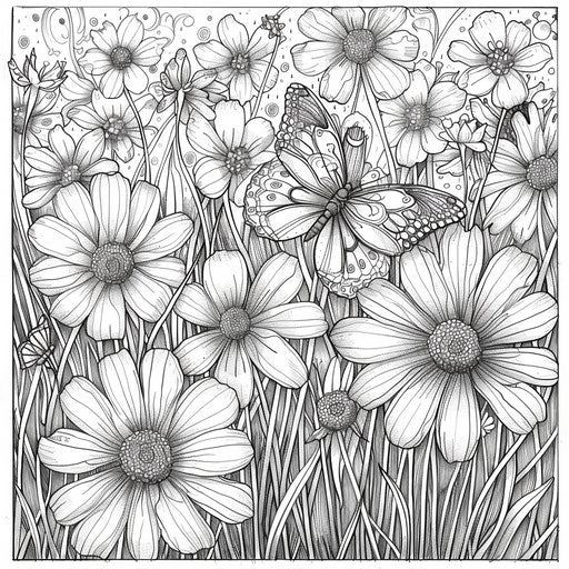 Butterfly in garden with detailed flowers. Coloring page