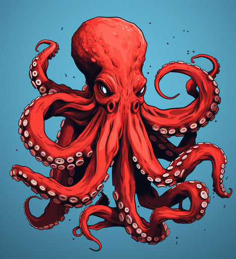 Red illustration of octopus with talons, bold outlines, flat colors, uhd image, ocean academia, berrypunk, high resolution, eye-catching, animal intensity 69:76