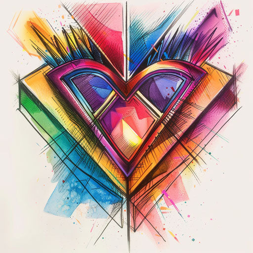 Vibrant geometric shapes forming a heart in a flat tattoo sketch for pride