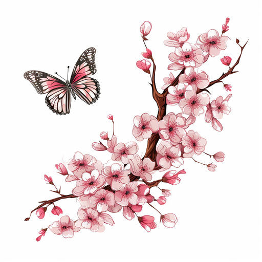 Pink cherry blossoms and butterfly on a branch