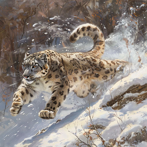 Action scene: snow leopard leaps to catch its prey