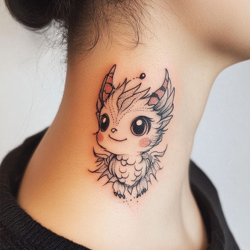 Tiny neck tattoos in the style of Humberto Ramos featuring a cute fantasy creature