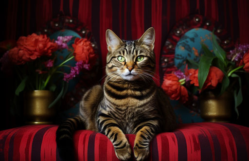 Cat sitting on couch, sumatraism style, striped arrangements