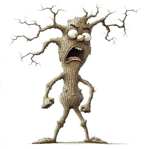 Humorous caricature of a bare tree with human characteristics
