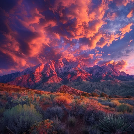 Sandia Mountains at dusk with vibrant colors