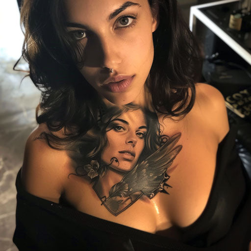 Realistic portrait chest tattoo for women