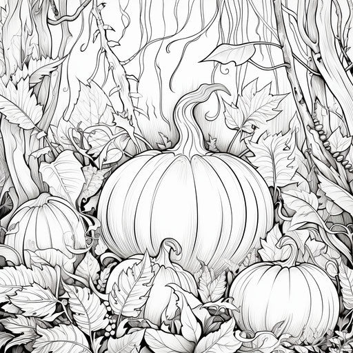 Pumpkin and leaves in the autumn coloring page