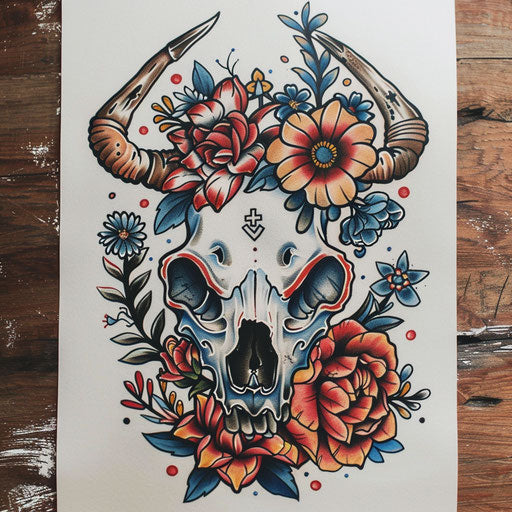 Vintage tattoo sketch of a cow skull with old-school sailor tattoo flowers in vibrant primary colors