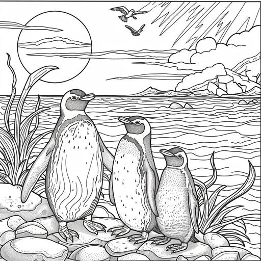 A penguin family enjoying a beautiful sunset by the sea. Coloring book page