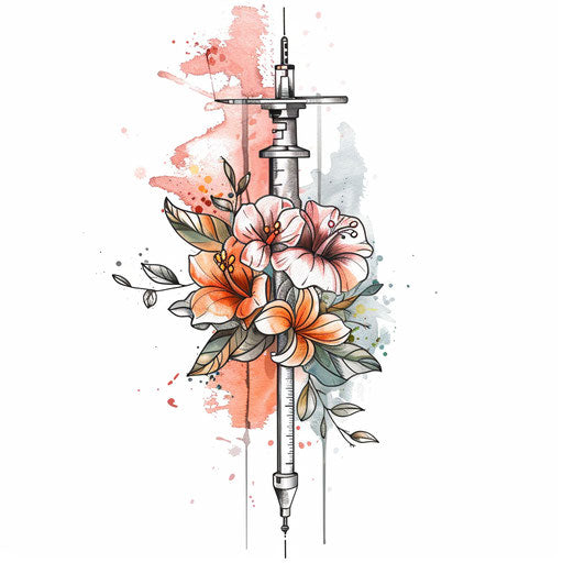 Whimsical clipart-style single needle tattoo sketch with pastel floral accents