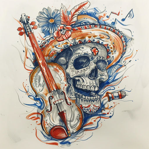 Vibrant tattoo sketch of a Calavera at a Dia de los Muertos parade with musical instruments