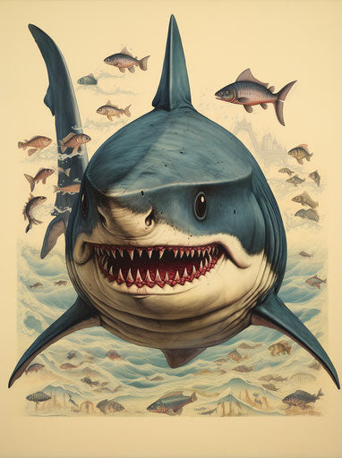 Enormous blue shark in a humorous and heartfelt style
