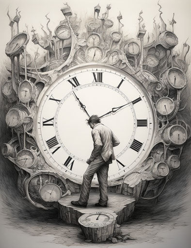 Broken clock tattoo with circle of clocks in crinkled style