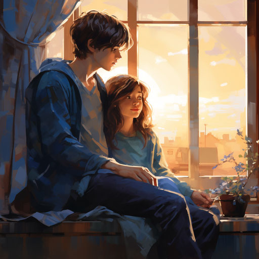 Romantic Window: Woman and Boy on Sill, Cute Manga Style
