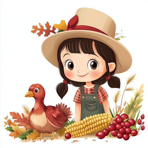 Young girl with hat, turkey, corn and cranberries