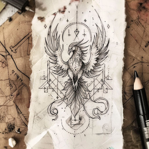 Flat tattoo sketch of a sigil for transformation, featuring a phoenix rising from ashes