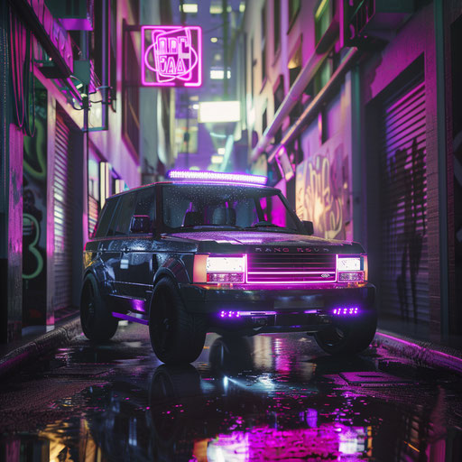 Cyberpunk 1993 Range Rover with neon in rainy alley