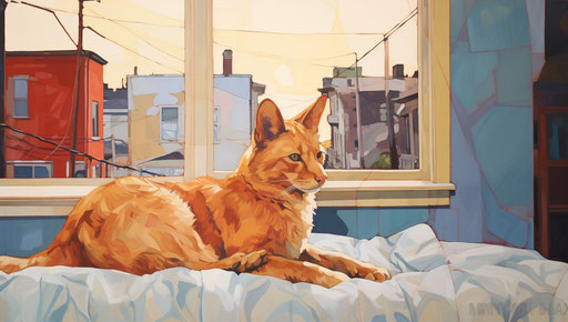 Cat looking out window, maroon and gold tones, hurufiyya